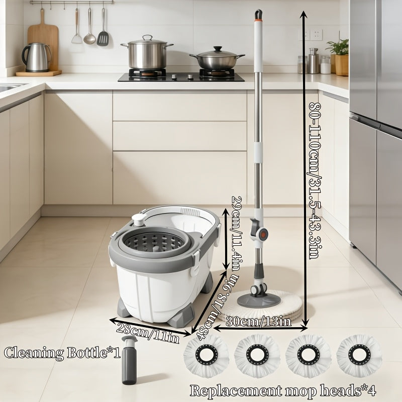 Enhanced Deluxe Spin Mop And Bucket Kit Featuring a 360° Rotating Mop with a Adjustable Handle And a Cleaning Bottle, Ideal for Effortless Floor Cleaning, Comes with 4 Microfiber Replacement Heads, Perfect for Both for Home And Professional Use