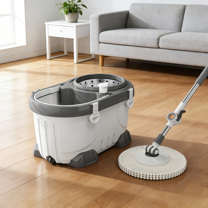 Enhanced Deluxe Spin Mop And Bucket Kit Featuring a 360° Rotating Mop with a Adjustable Handle And a Cleaning Bottle, Ideal for Effortless Floor Cleaning, Comes with 4 Microfiber Replacement Heads, Perfect for Both for Home And Professional Use