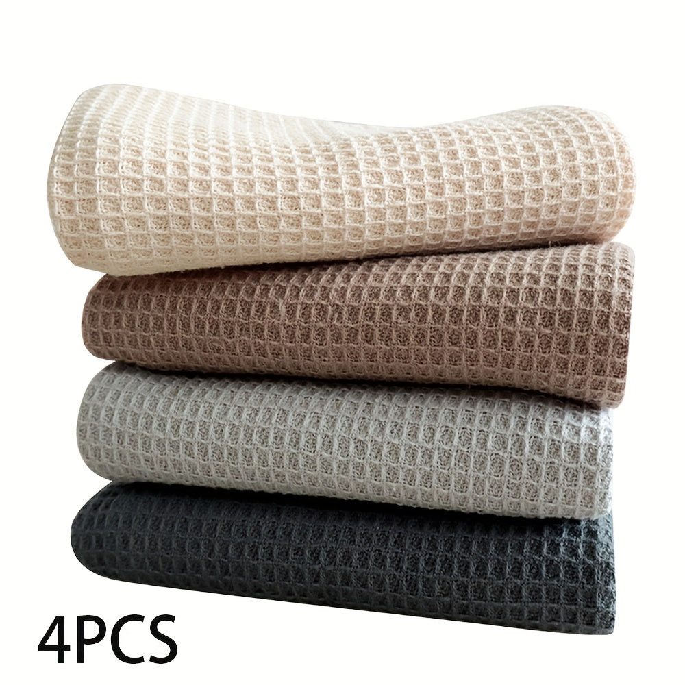Modern Waffle Weave Dish Cloths Set - 100% Cotton, Hand Wash Only, Square Kitchen Towels with Hanging Loop, Solid Color, Highly Absorbent & Durable for Dishes & Countertops, Mixed 4-Pack