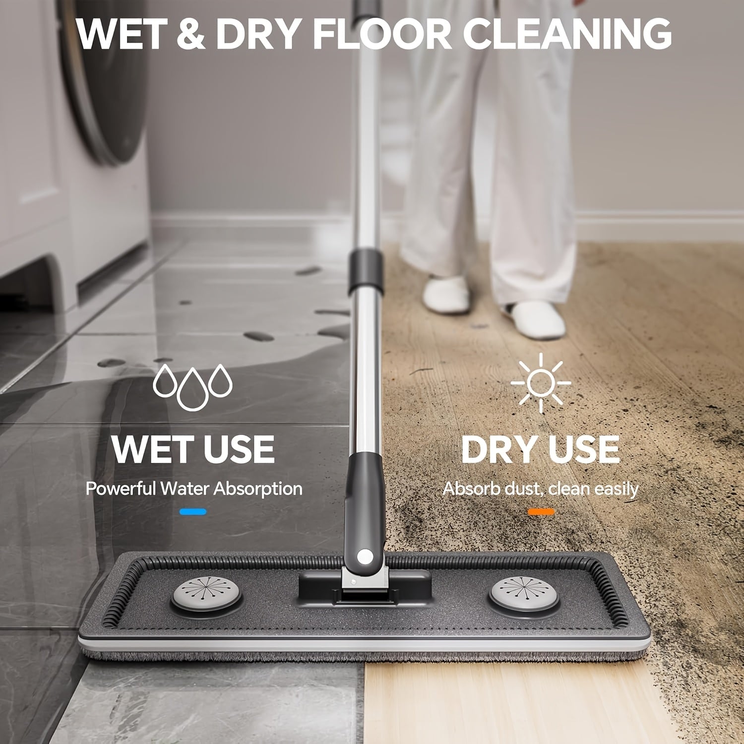 Mop And Bucket Set, Flat Mop And Bucket System, Mop Bucket with Wringer, Wall Mop with Adjustable Handle, 4 Washable Microfiber Mop Pads, Mops for Floor Cleaning