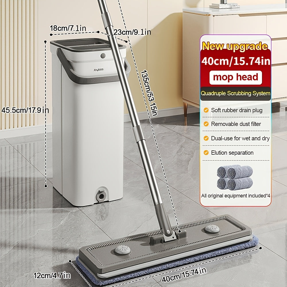 Mop And Bucket Set, Flat Mop And Bucket System, Mop Bucket with Wringer, Wall Mop with Adjustable Handle, 4 Washable Microfiber Mop Pads, Mops for Floor Cleaning
