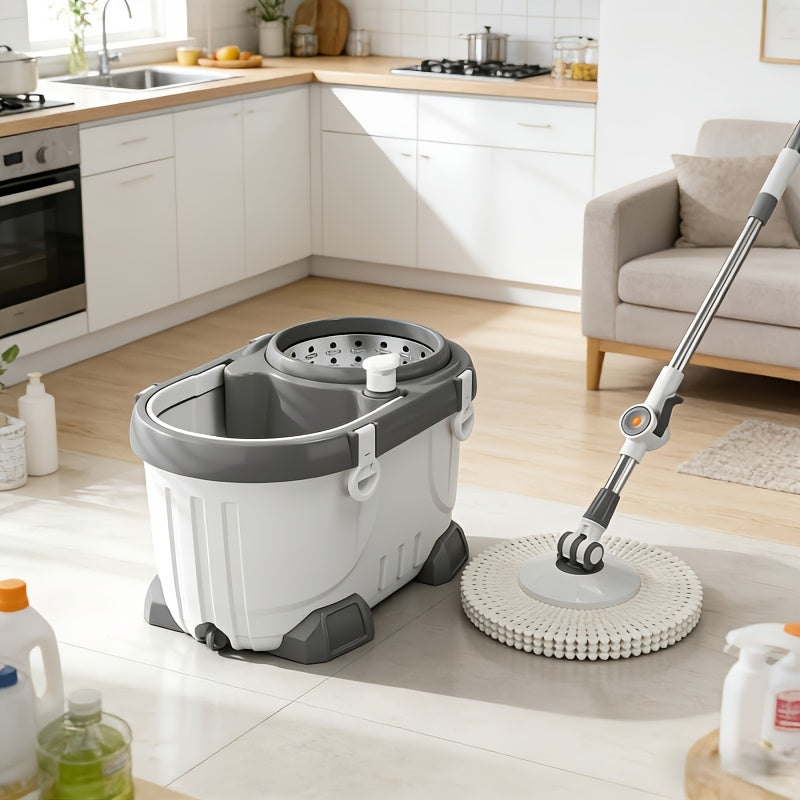 Enhanced Deluxe Spin Mop And Bucket Kit Featuring a 360° Rotating Mop with a Adjustable Handle And a Cleaning Bottle, Ideal for Effortless Floor Cleaning, Comes with 4 Microfiber Replacement Heads, Perfect for Both for Home And Professional Use