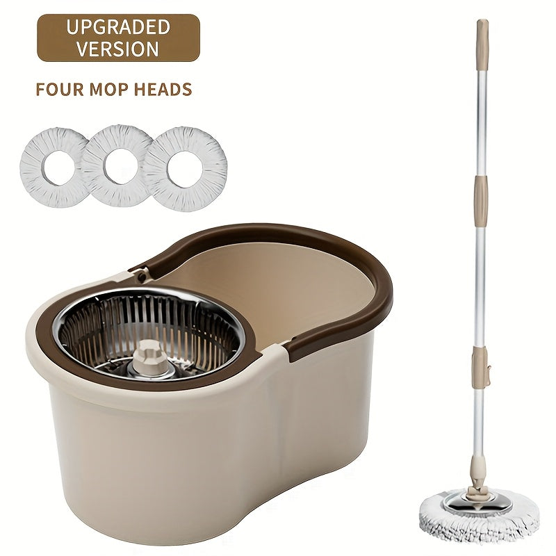 Mop Bucket Kit Featuring a Wheeled Rotating Mop And Bucket, Designed for Bathroom Use. It Includes a 360° Rotating Mop Bucket System, Four Ultra-Fine Mop Replacement Heads, And an Adjustable Handle