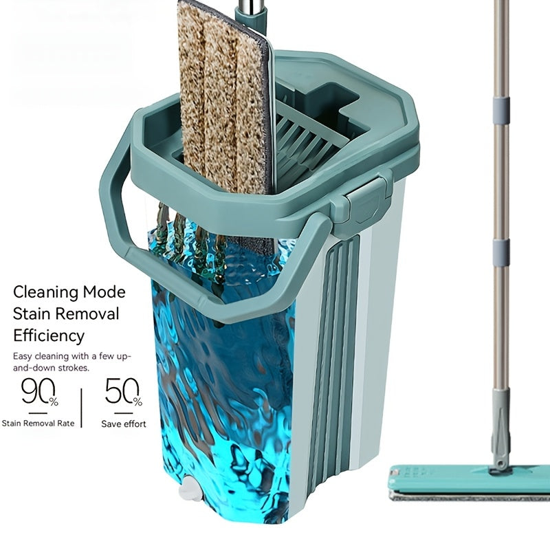 Set of Mop And Bucket Featuring a Hands-Free Flat Mop, Designed to Separate Dirty And Clean Water. Comes with Four Interchangeable Mop Pads, Ideal for Cleaning Living Rooms. The Bucket Has a Large Capacity And Can Be Used for Both Wet And Dry Cleani