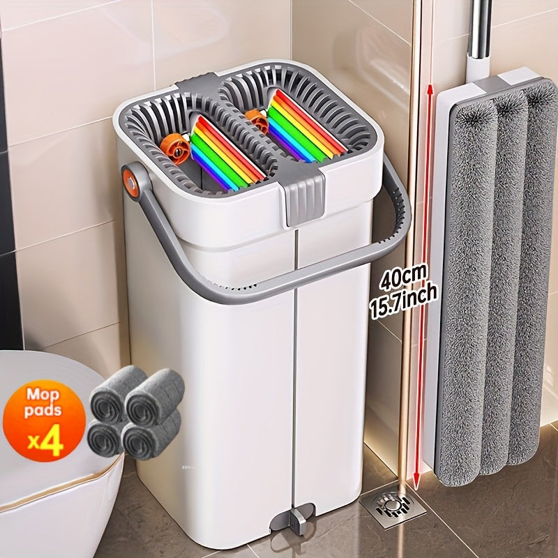 Large Heavy-Duty Flat Mop and Bucket Cleaning System with 7-Layer Scraper, -Chamber Wash & Dry Bucket, 4 Washable Microfiber Pads & Adjustable Wall\u002FWall Mop Suitable for Hardwood Floors, Tile, Windows, Cabinets - ABS\u002FPP\u002FStainless