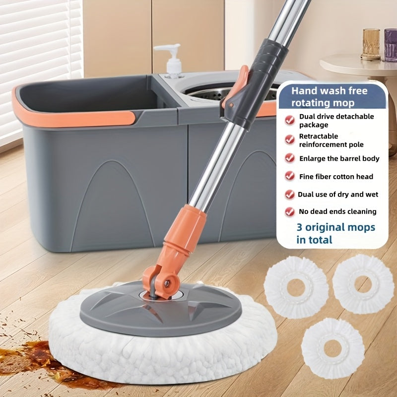 Rotating Mop And Bucket, Detachable Bucket, with Wringer Set, 360° Rotating Mop, with 3 Ultra-fine Fiberop Heads, Stainless Steel Adjustable Handle, for Floor Cleaning, Cleaning Supplies, Cleaning Tools for Home\u002Fsupermarket\u002Fschool.