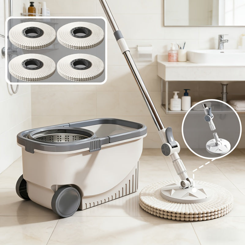 Spin Mop And Bucket Set, Hands-Free Mop with Movable Wheels, 360° Rotating Floor Cleaning System, Wet And Dry Flat Mop, Includes 4 Microfiber Mop Pads, Suitable for Living Room, Bedroom, And Bathroom Floor Cleaning