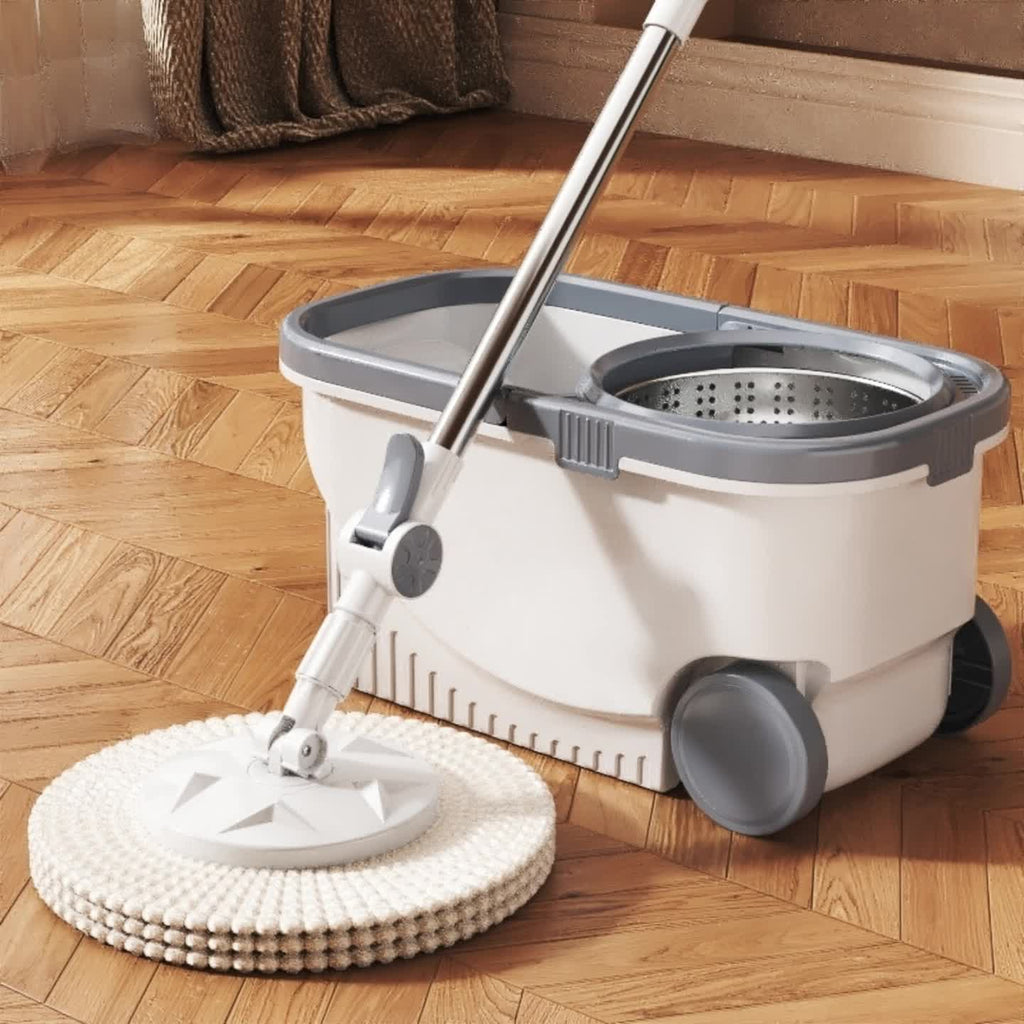 Spin Mop And Bucket Set, Hands-Free Mop with Movable Wheels, 360° Rotating Floor Cleaning System, Wet And Dry Flat Mop, Includes 4 Microfiber Mop Pads, Suitable for Living Room, Bedroom, And Bathroom Floor Cleaning