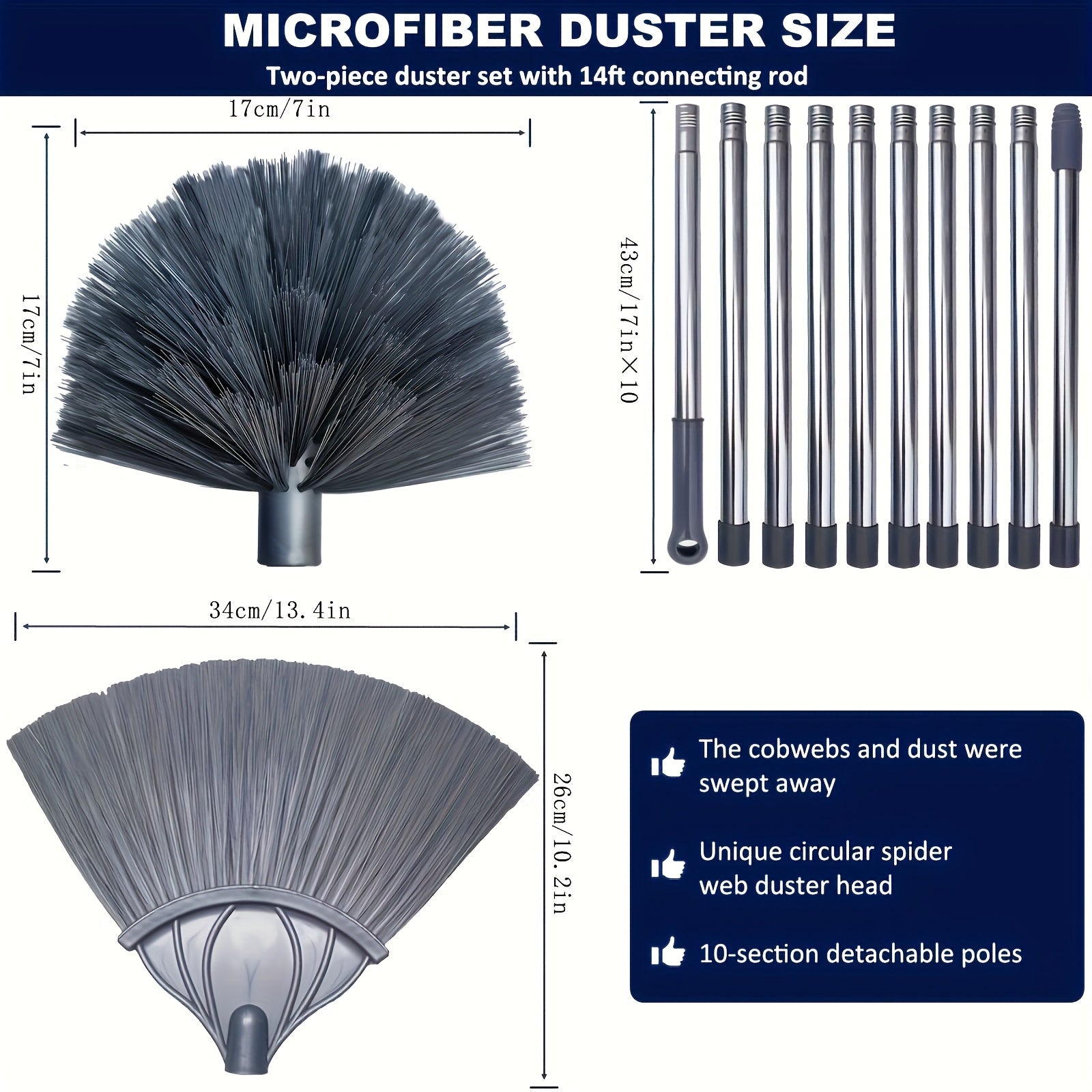 Double Headed Ultra Long Spider Web Broom With Extendable Handle, 16.32-inch Wide Brush Head - Perfect For High Ceiling Dust Removal In Shopping Malls, Homes, And Gardens