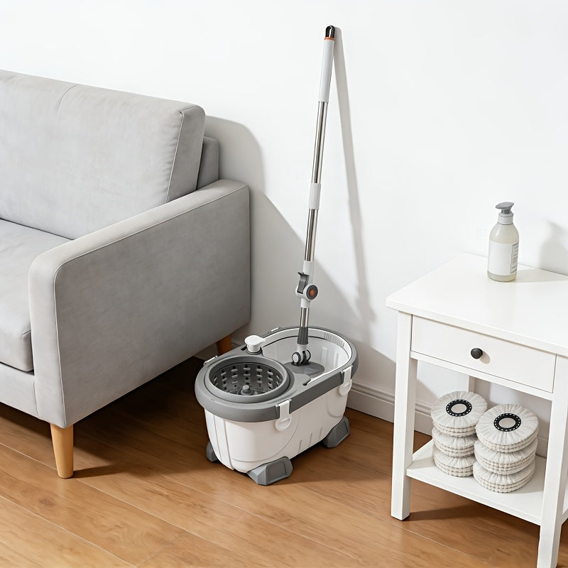 Enhanced Deluxe Spin Mop And Bucket Kit Featuring a 360° Rotating Mop with a Adjustable Handle And a Cleaning Bottle, Ideal for Effortless Floor Cleaning, Comes with 4 Microfiber Replacement Heads, Perfect for Both for Home And Professional Use