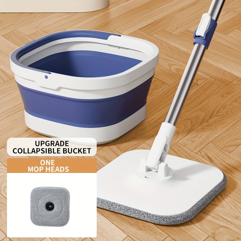 Mop Bucket Kit Featuring a Wheeled Rotating Mop And Bucket, Designed for Bathroom Use. It Includes a 360° Rotating Mop Bucket System, Four Ultra-Fine Mop Replacement Heads, And an Adjustable Handle
