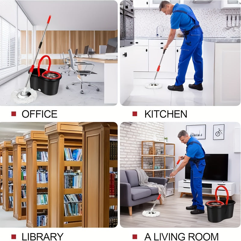 Mop Bucket Kit Featuring a Wheeled Rotating Mop And Bucket, Designed for Bathroom Use. It Includes a 360° Rotating Mop Bucket System, Four Ultra-Fine Mop Replacement Heads, And an Adjustable Handle