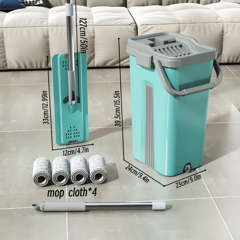 Extended Handle Hands-Free Flat Mop And Bucket Set, 4 Microfiber Pads Included, Large-Capacity Mop System, Dry & Wet Dual-Use Dust Mop for Hardwood, Tile, Marble & Wall Cleaning