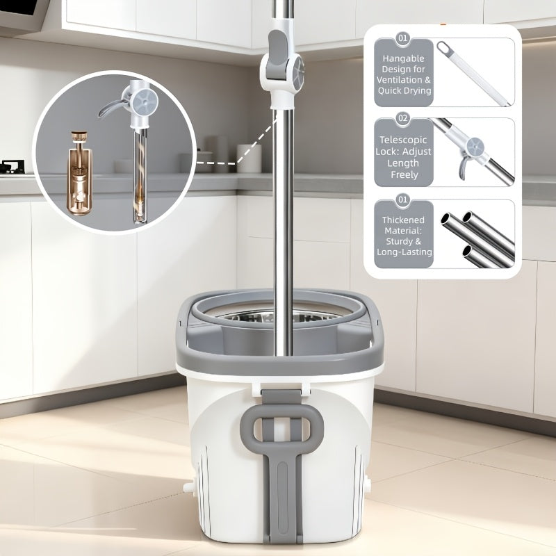 Spin Mop And Bucket Set, Hands-Free Mop with Movable Wheels, 360° Rotating Floor Cleaning System, Wet And Dry Flat Mop, Includes 4 Microfiber Mop Pads, Suitable for Living Room, Bedroom, And Bathroom Floor Cleaning