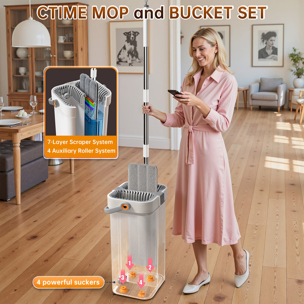 Large Heavy-Duty Flat Mop and Bucket Cleaning System with 7-Layer Scraper, -Chamber Wash & Dry Bucket, 4 Washable Microfiber Pads & Adjustable Wall\u002FWall Mop Suitable for Hardwood Floors, Tile, Windows, Cabinets - ABS\u002FPP\u002FStainless