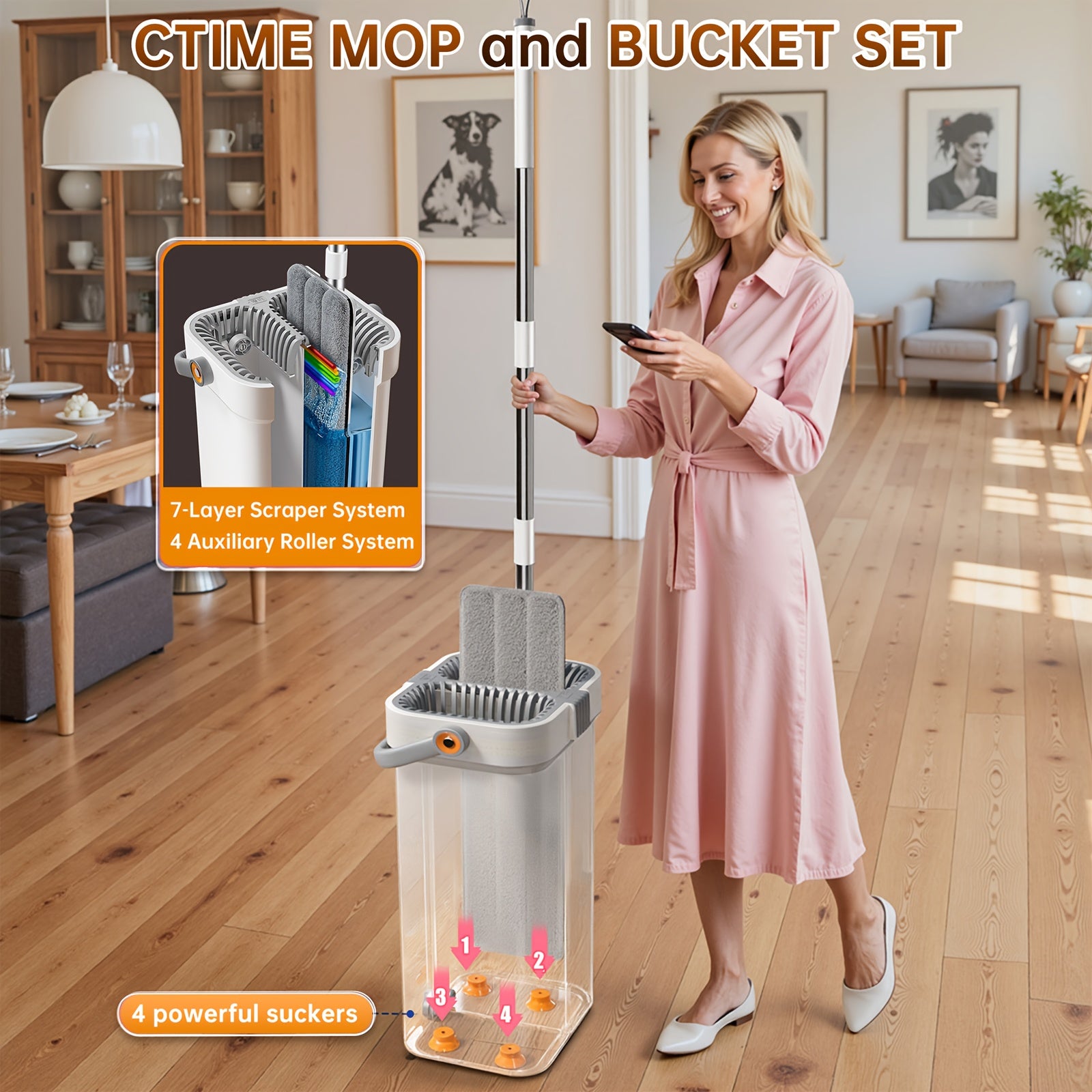Large Heavy-Duty Flat Mop and Bucket Cleaning System with 7-Layer Scraper, -Chamber Wash & Dry Bucket, 4 Washable Microfiber Pads & Adjustable Wall\u002FWall Mop Suitable for Hardwood Floors, Tile, Windows, Cabinets - ABS\u002FPP\u002FStainless