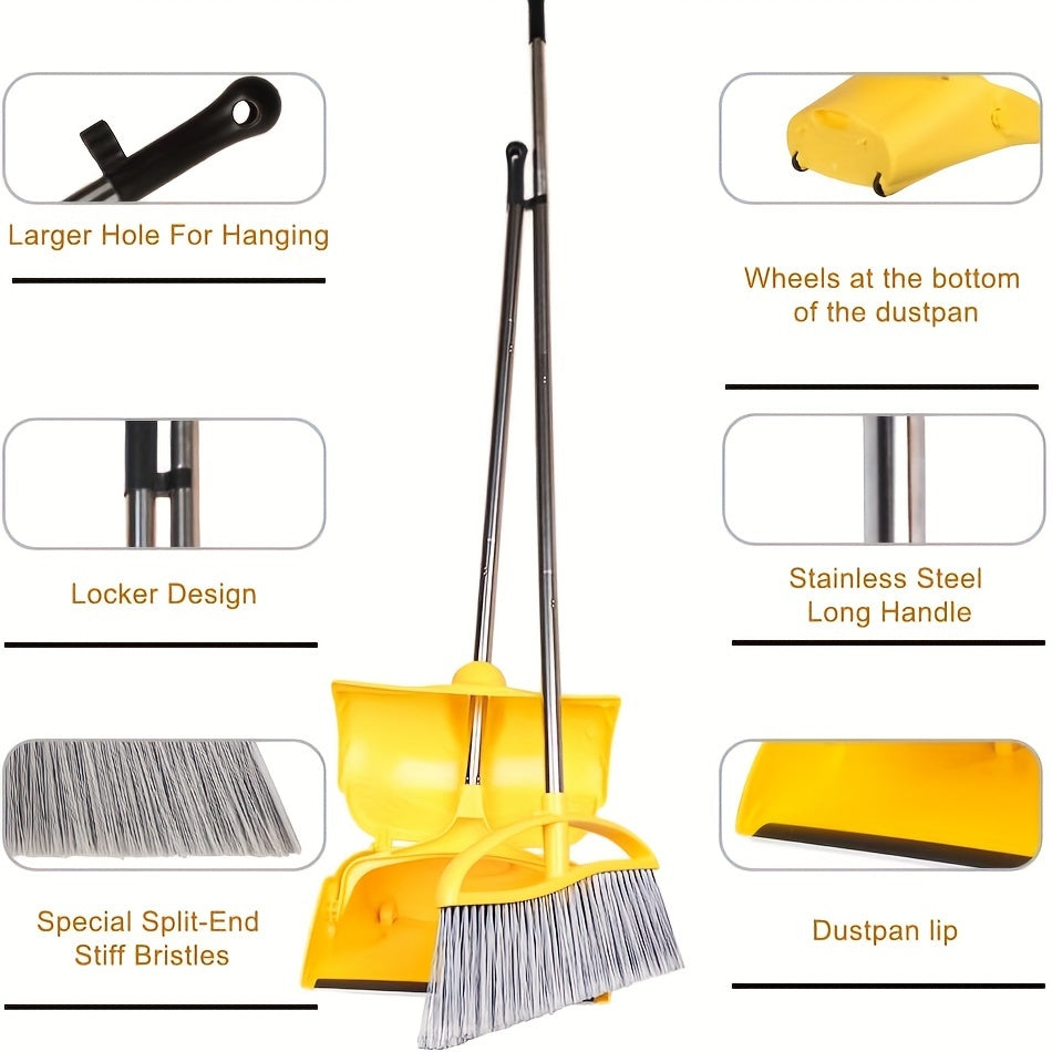 Long Handle Heavy Duty Broom And Dustpan Set, Outdoor And Commercial Upright Dustpan And Brush for Restaurant Garage Garden Yard Office, Yellow