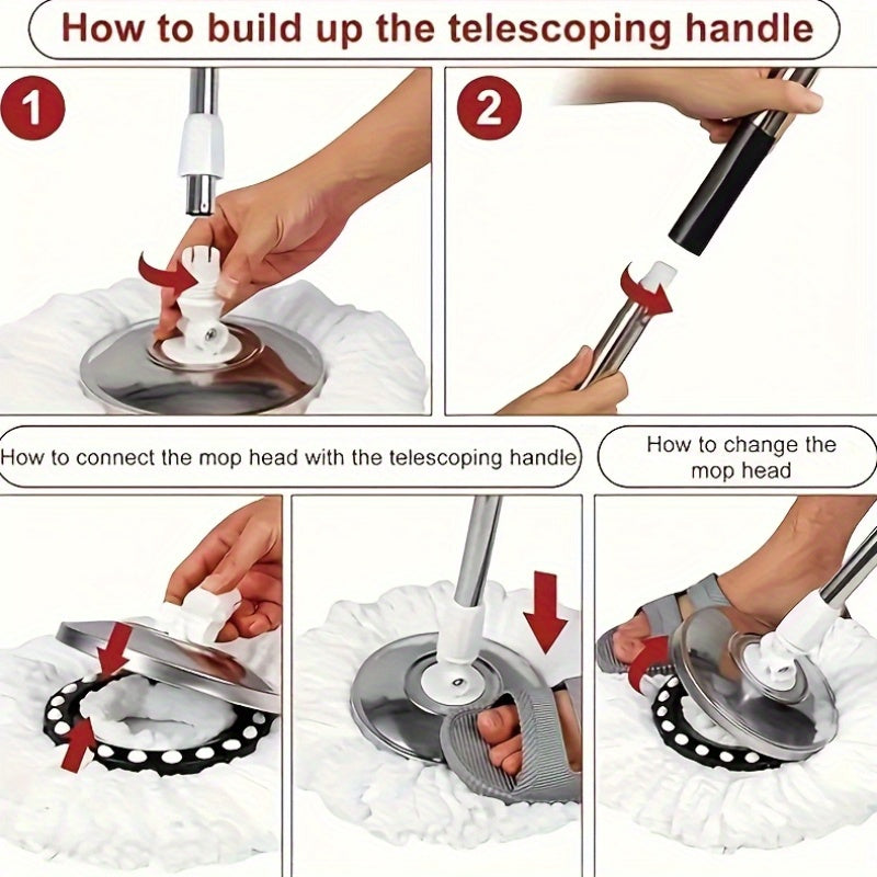 Mop Bucket Kit Featuring a Wheeled Rotating Mop And Bucket, Designed for Bathroom Use. It Includes a 360° Rotating Mop Bucket System, Four Ultra-Fine Mop Replacement Heads, And an Adjustable Handle