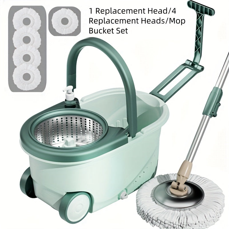 Mop Bucket Kit Featuring a Wheeled Rotating Mop And Bucket, Designed for Bathroom Use. It Includes a 360° Rotating Mop Bucket System, Four Ultra-Fine Mop Replacement Heads, And an Adjustable Handle