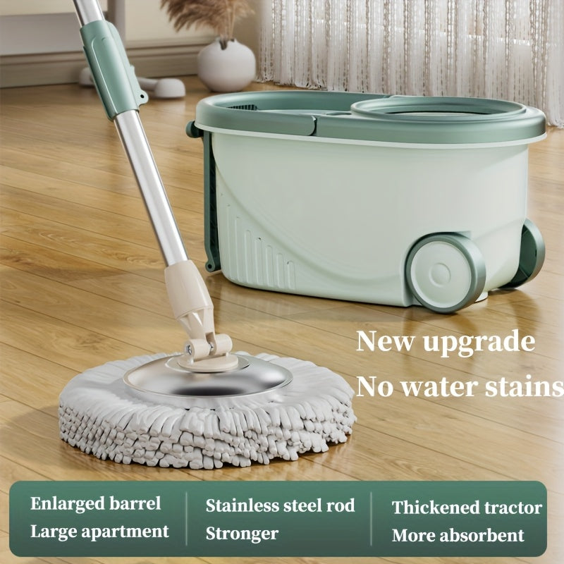Mop Bucket Kit Featuring a Wheeled Rotating Mop And Bucket, Designed for Bathroom Use. It Includes a 360° Rotating Mop Bucket System, Four Ultra-Fine Mop Replacement Heads, And an Adjustable Handle