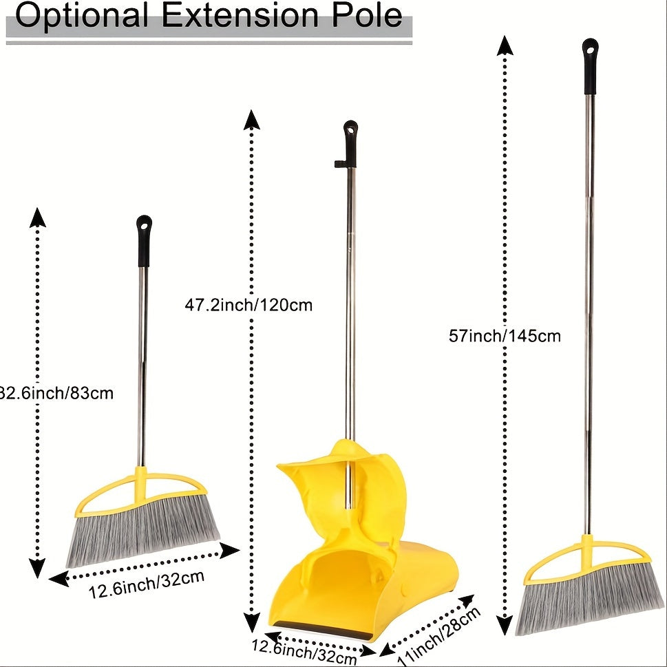 Long Handle Heavy Duty Broom And Dustpan Set, Outdoor And Commercial Upright Dustpan And Brush for Restaurant Garage Garden Yard Office, Yellow
