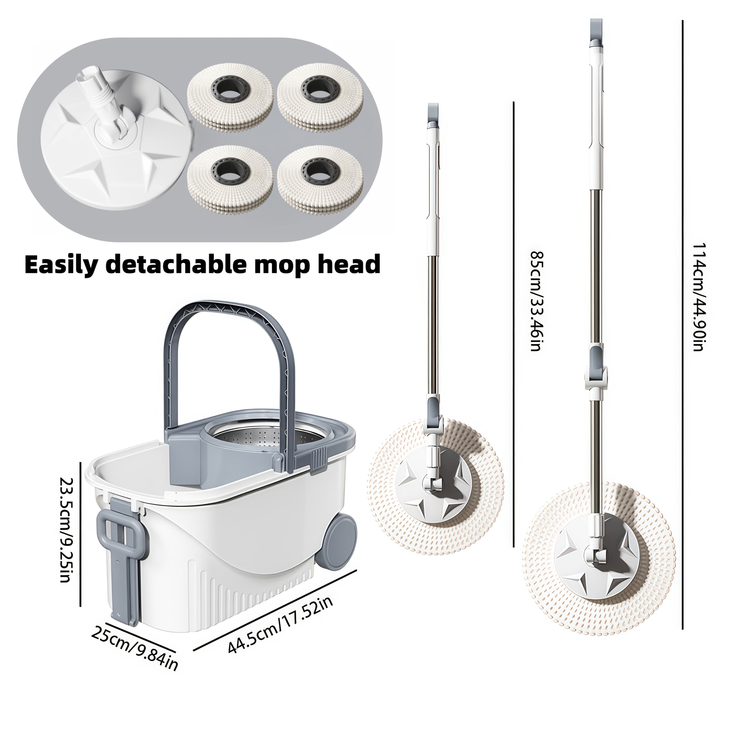 Spin Mop And Bucket Set, Hands-Free Mop with Movable Wheels, 360° Rotating Floor Cleaning System, Wet And Dry Flat Mop, Includes 4 Microfiber Mop Pads, Suitable for Living Room, Bedroom, And Bathroom Floor Cleaning