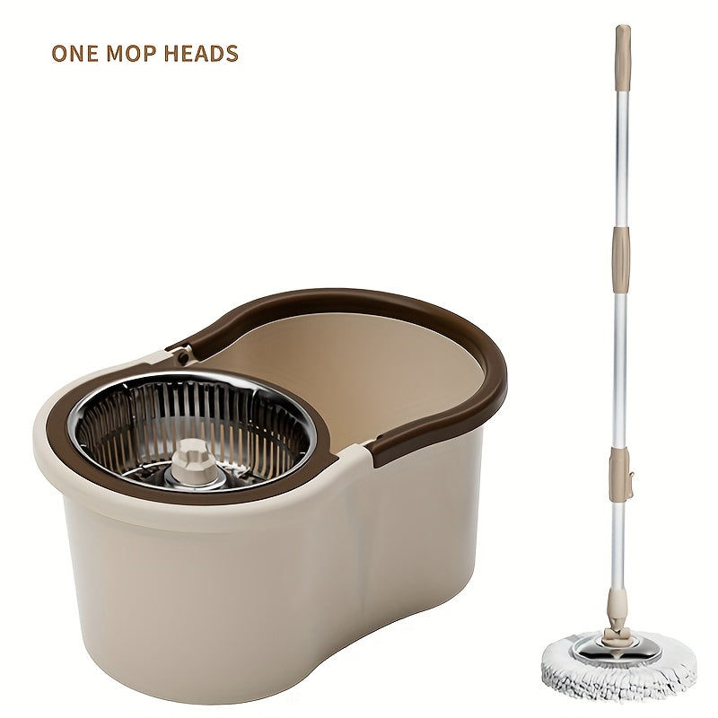 Mop Bucket Kit Featuring a Wheeled Rotating Mop And Bucket, Designed for Bathroom Use. It Includes a 360° Rotating Mop Bucket System, Four Ultra-Fine Mop Replacement Heads, And an Adjustable Handle