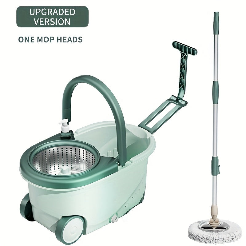 Mop Bucket Kit Featuring a Wheeled Rotating Mop And Bucket, Designed for Bathroom Use. It Includes a 360° Rotating Mop Bucket System, Four Ultra-Fine Mop Replacement Heads, And an Adjustable Handle
