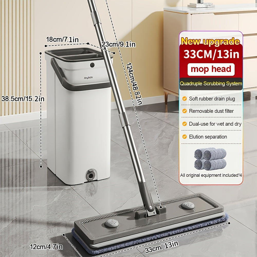 Mop And Bucket Set, Flat Mop And Bucket System, Mop Bucket with Wringer, Wall Mop with Adjustable Handle, 4 Washable Microfiber Mop Pads, Mops for Floor Cleaning