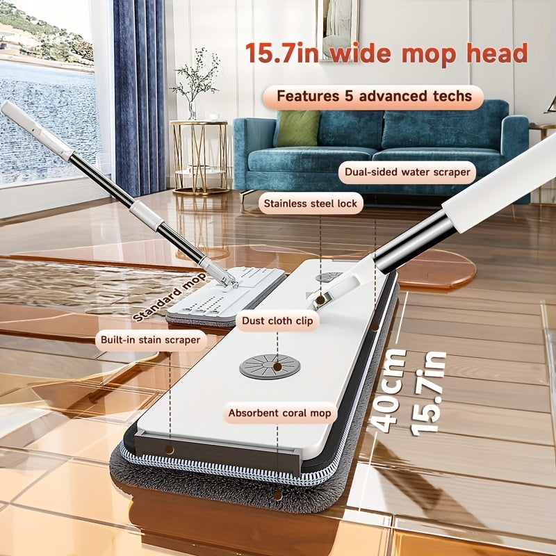 Large Heavy-Duty Flat Mop and Bucket Cleaning System with 7-Layer Scraper, -Chamber Wash & Dry Bucket, 4 Washable Microfiber Pads & Adjustable Wall\u002FWall Mop Suitable for Hardwood Floors, Tile, Windows, Cabinets - ABS\u002FPP\u002FStainless