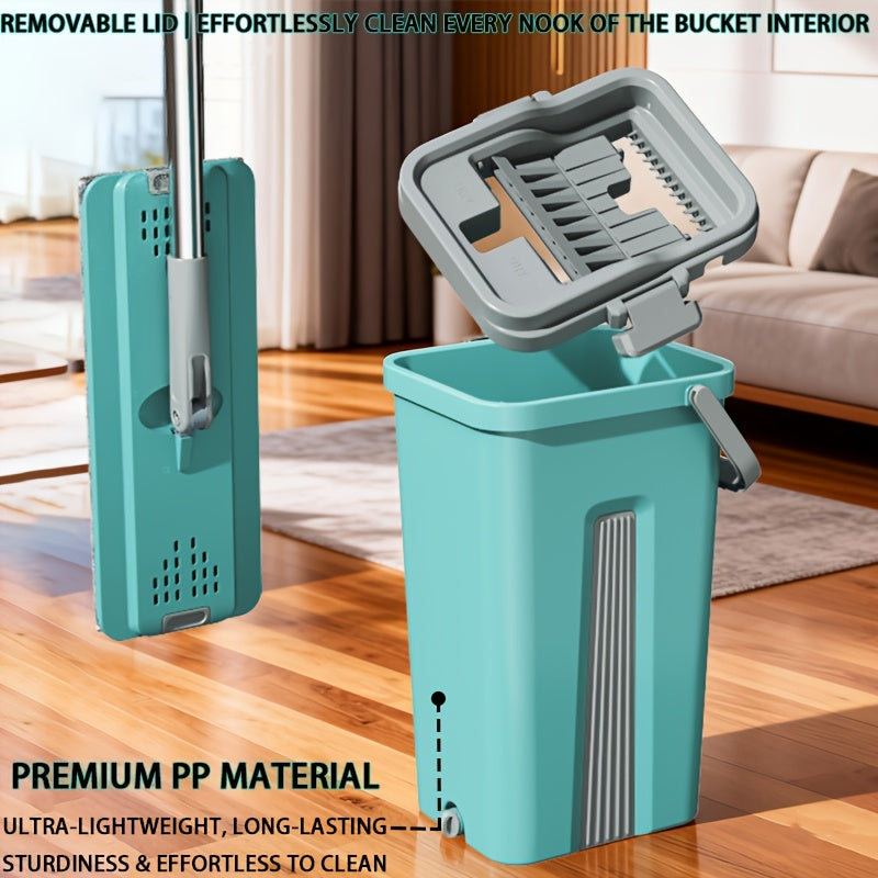 Set of Mop And Bucket Featuring a Hands-Free Flat Mop, Designed to Separate Dirty And Clean Water. Comes with Four Interchangeable Mop Pads, Ideal for Cleaning Living Rooms. The Bucket Has a Large Capacity And Can Be Used for Both Wet And Dry Cleani