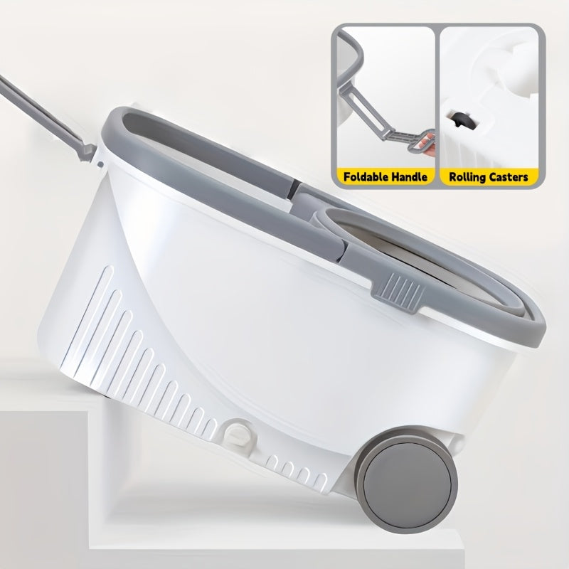 Spin Mop And Bucket Set, Hands-Free Mop with Movable Wheels, 360° Rotating Floor Cleaning System, Wet And Dry Flat Mop, Includes 4 Microfiber Mop Pads, Suitable for Living Room, Bedroom, And Bathroom Floor Cleaning