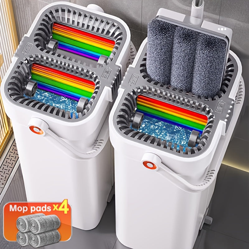 Large Heavy-Duty Flat Mop and Bucket Cleaning System with 7-Layer Scraper, -Chamber Wash & Dry Bucket, 4 Washable Microfiber Pads & Adjustable Wall\u002FWall Mop Suitable for Hardwood Floors, Tile, Windows, Cabinets - ABS\u002FPP\u002FStainless