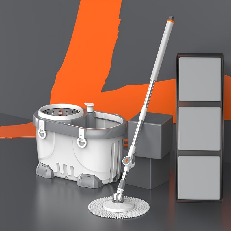 Enhanced Deluxe Spin Mop And Bucket Kit Featuring a 360° Rotating Mop with a Adjustable Handle And a Cleaning Bottle, Ideal for Effortless Floor Cleaning, Comes with 4 Microfiber Replacement Heads, Perfect for Both for Home And Professional Use