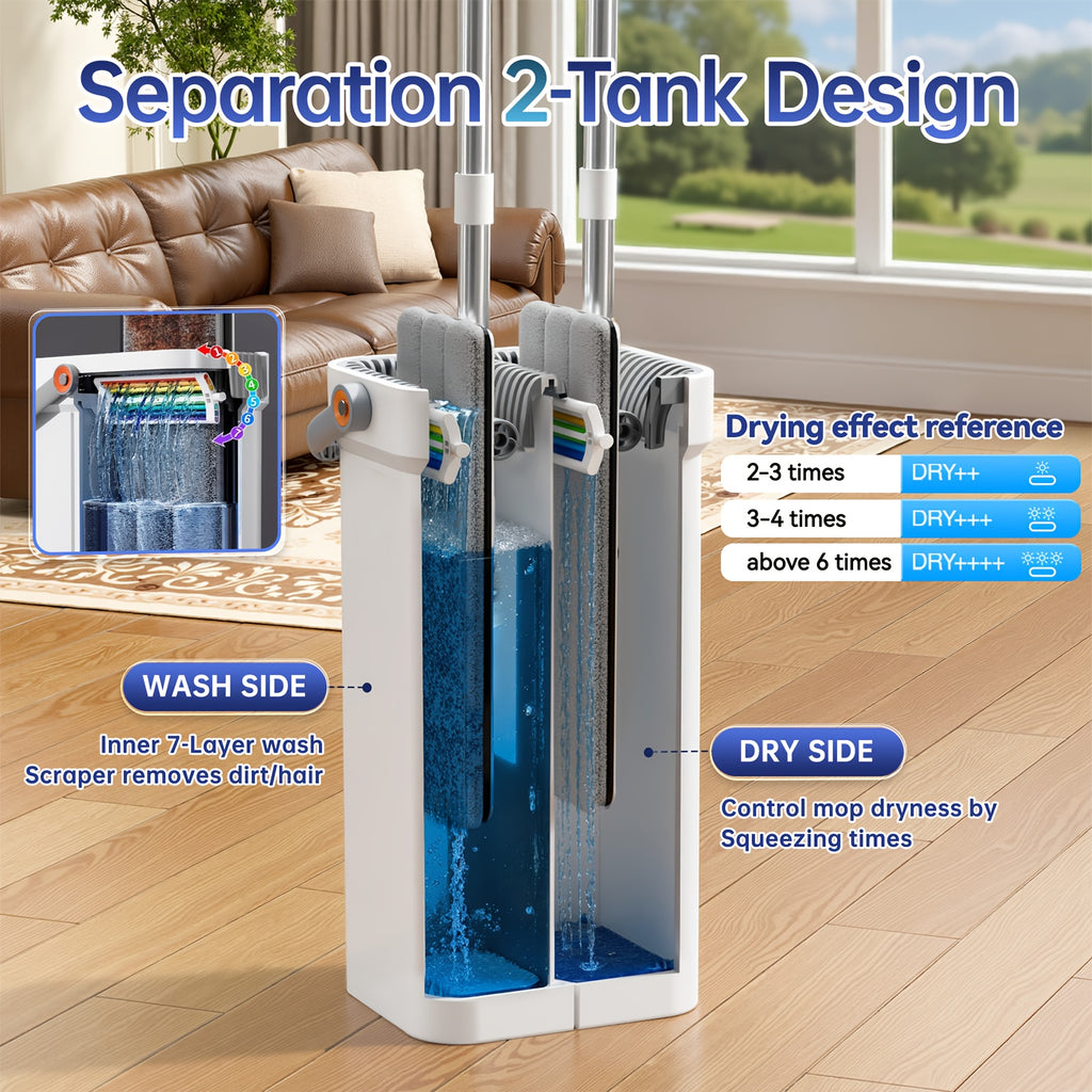 Large Heavy-Duty Flat Mop and Bucket Cleaning System with 7-Layer Scraper, -Chamber Wash & Dry Bucket, 4 Washable Microfiber Pads & Adjustable Wall\u002FWall Mop Suitable for Hardwood Floors, Tile, Windows, Cabinets - ABS\u002FPP\u002FStainless