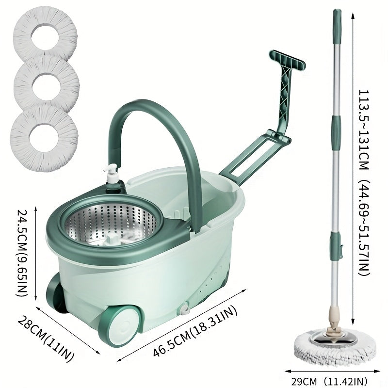 Mop Bucket Kit Featuring a Wheeled Rotating Mop And Bucket, Designed for Bathroom Use. It Includes a 360° Rotating Mop Bucket System, Four Ultra-Fine Mop Replacement Heads, And an Adjustable Handle
