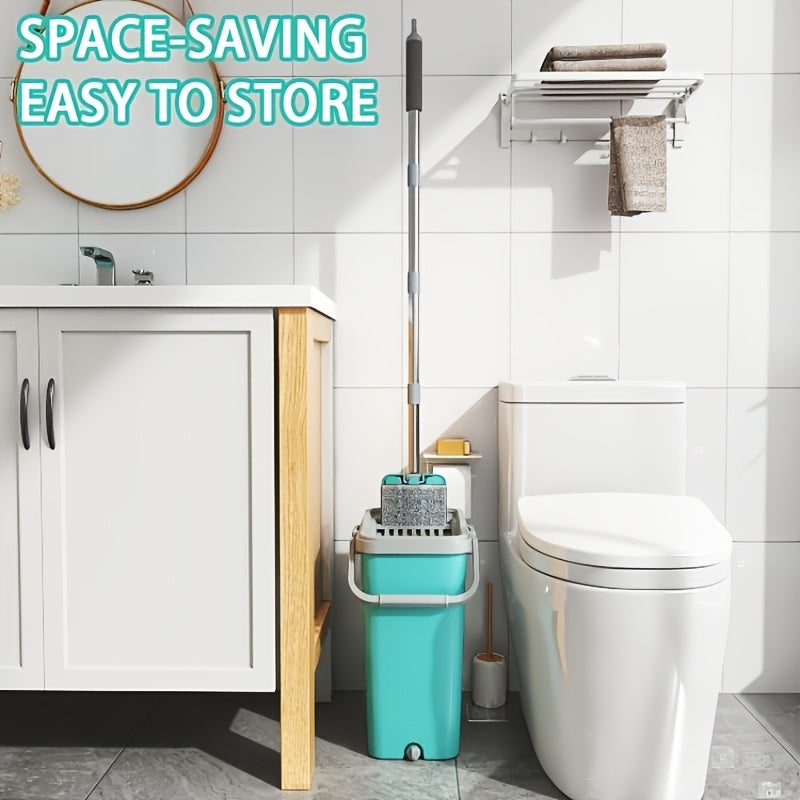 Set of Mop And Bucket Featuring a Hands-Free Flat Mop, Designed to Separate Dirty And Clean Water. Comes with Four Interchangeable Mop Pads, Ideal for Cleaning Living Rooms. The Bucket Has a Large Capacity And Can Be Used for Both Wet And Dry Cleani
