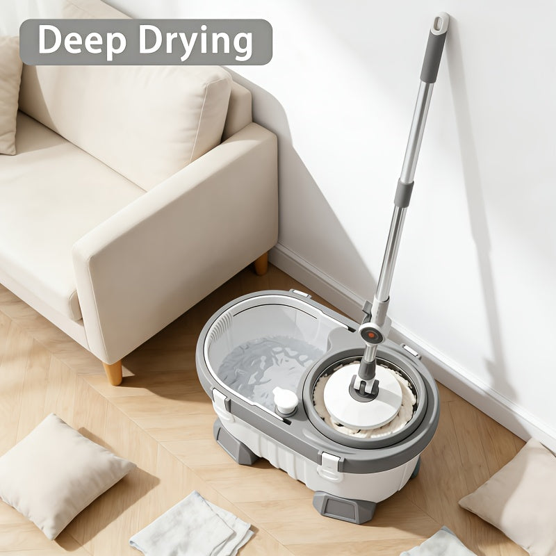 Enhanced Deluxe Spin Mop And Bucket Kit Featuring a 360° Rotating Mop with a Adjustable Handle And a Cleaning Bottle, Ideal for Effortless Floor Cleaning, Comes with 4 Microfiber Replacement Heads, Perfect for Both for Home And Professional Use