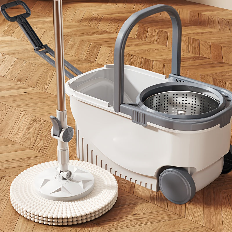 Spin Mop And Bucket Set, Hands-Free Mop with Movable Wheels, 360° Rotating Floor Cleaning System, Wet And Dry Flat Mop, Includes 4 Microfiber Mop Pads, Suitable for Living Room, Bedroom, And Bathroom Floor Cleaning