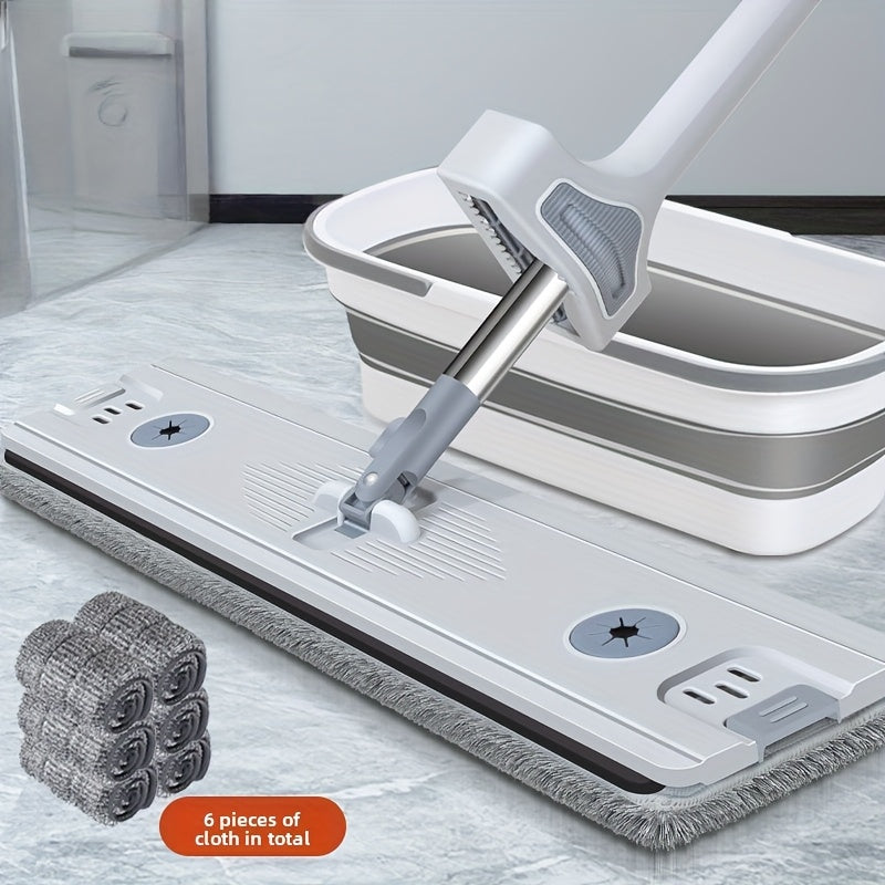 17.72inch Flat Mop and Folding Bucket Set with 5 Reusable Mop Pads | Heavy-Duty Wet\u002FDry Floor, 360° Rotating Head, Hands-Free Wringing System, Space-Saving Design for Hardwood, Tile, Laminate Floors - Low-Maintenance Mop System, Spray Mop
