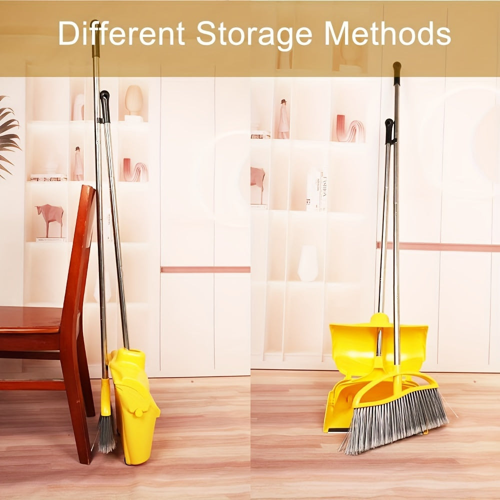 Long Handle Heavy Duty Broom And Dustpan Set, Outdoor And Commercial Upright Dustpan And Brush for Restaurant Garage Garden Yard Office, Yellow