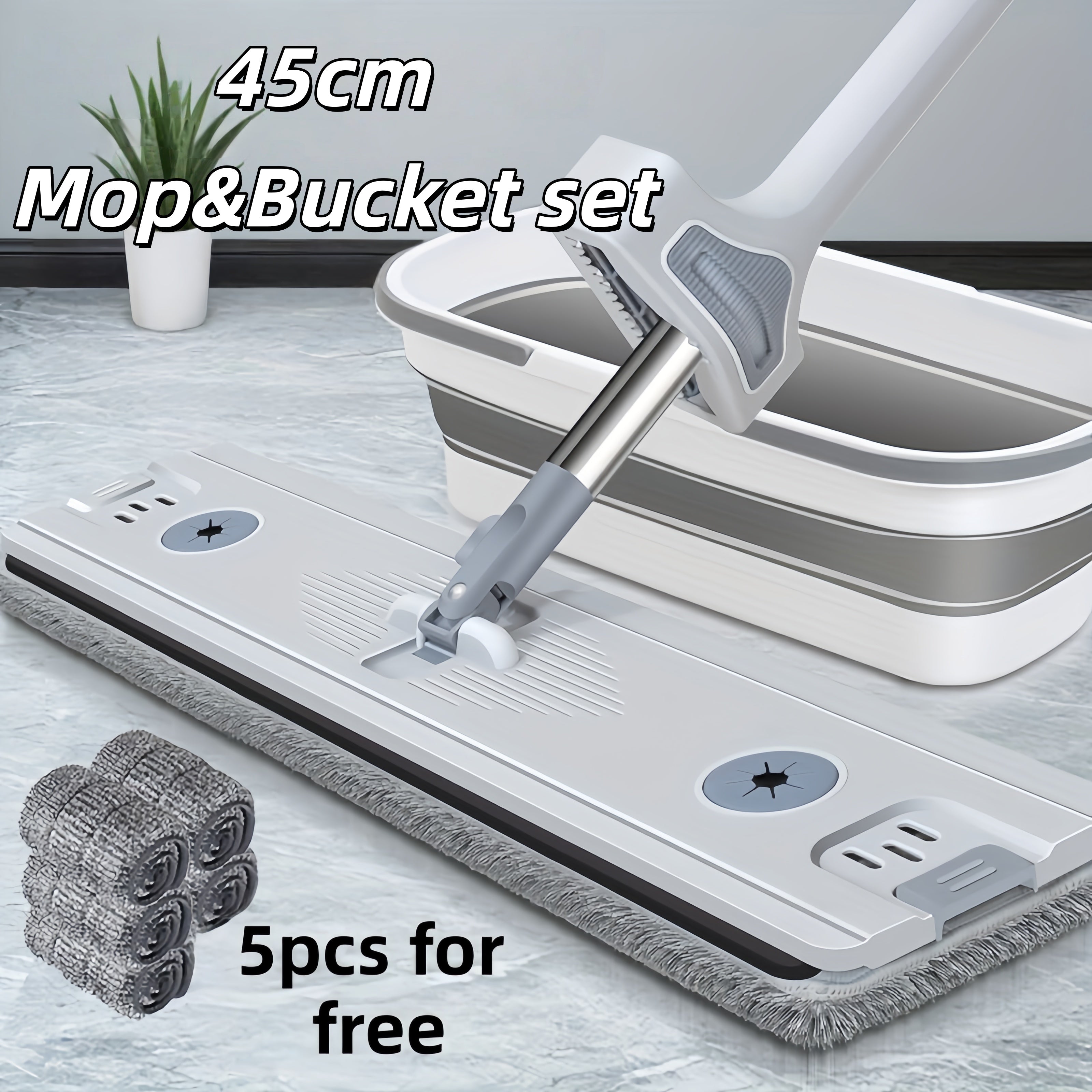 17.72inch Flat Mop and Folding Bucket Set with 5 Reusable Mop Pads | Heavy-Duty Wet\u002FDry Floor, 360° Rotating Head, Hands-Free Wringing System, Space-Saving Design for Hardwood, Tile, Laminate Floors - Low-Maintenance Mop System, Spray Mop