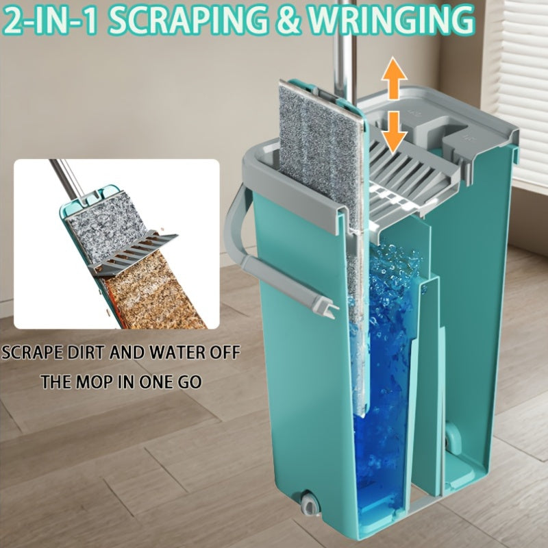 Set of Mop And Bucket Featuring a Hands-Free Flat Mop, Designed to Separate Dirty And Clean Water. Comes with Four Interchangeable Mop Pads, Ideal for Cleaning Living Rooms. The Bucket Has a Large Capacity And Can Be Used for Both Wet And Dry Cleani
