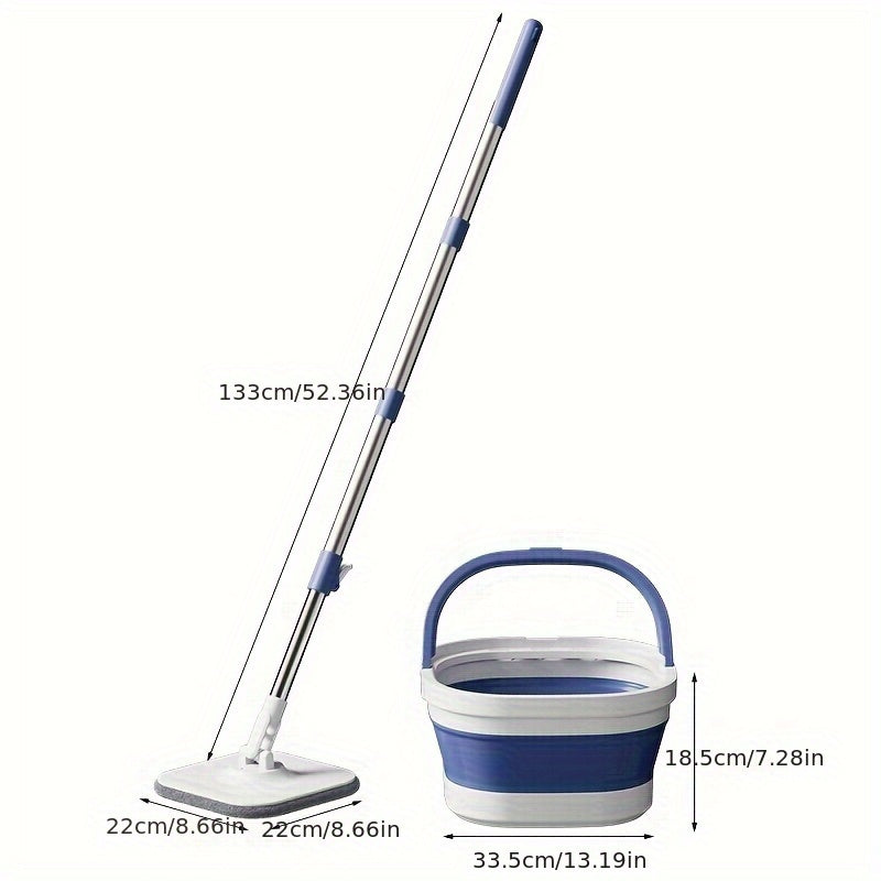 Mop Bucket Kit Featuring a Wheeled Rotating Mop And Bucket, Designed for Bathroom Use. It Includes a 360° Rotating Mop Bucket System, Four Ultra-Fine Mop Replacement Heads, And an Adjustable Handle