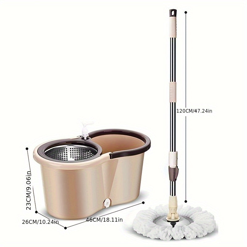 Mop Bucket Kit Featuring a Wheeled Rotating Mop And Bucket, Designed for Bathroom Use. It Includes a 360° Rotating Mop Bucket System, Four Ultra-Fine Mop Replacement Heads, And an Adjustable Handle