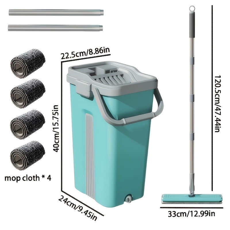 Set of Mop And Bucket Featuring a Hands-Free Flat Mop, Designed to Separate Dirty And Clean Water. Comes with Four Interchangeable Mop Pads, Ideal for Cleaning Living Rooms. The Bucket Has a Large Capacity And Can Be Used for Both Wet And Dry Cleani