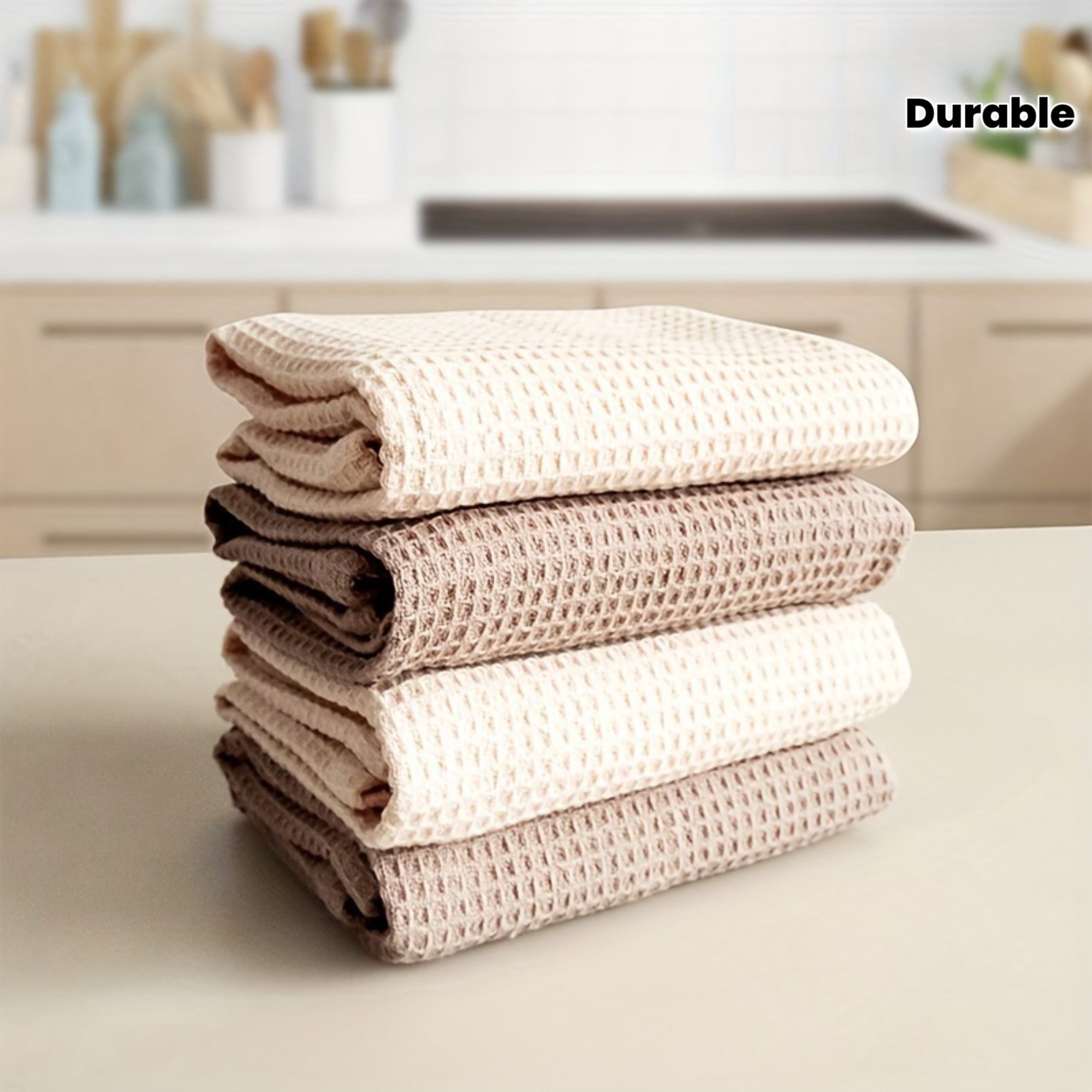 Modern Waffle Weave Dish Cloths Set - 100% Cotton, Hand Wash Only, Square Kitchen Towels with Hanging Loop, Solid Color, Highly Absorbent & Durable for Dishes & Countertops, Mixed 4-Pack