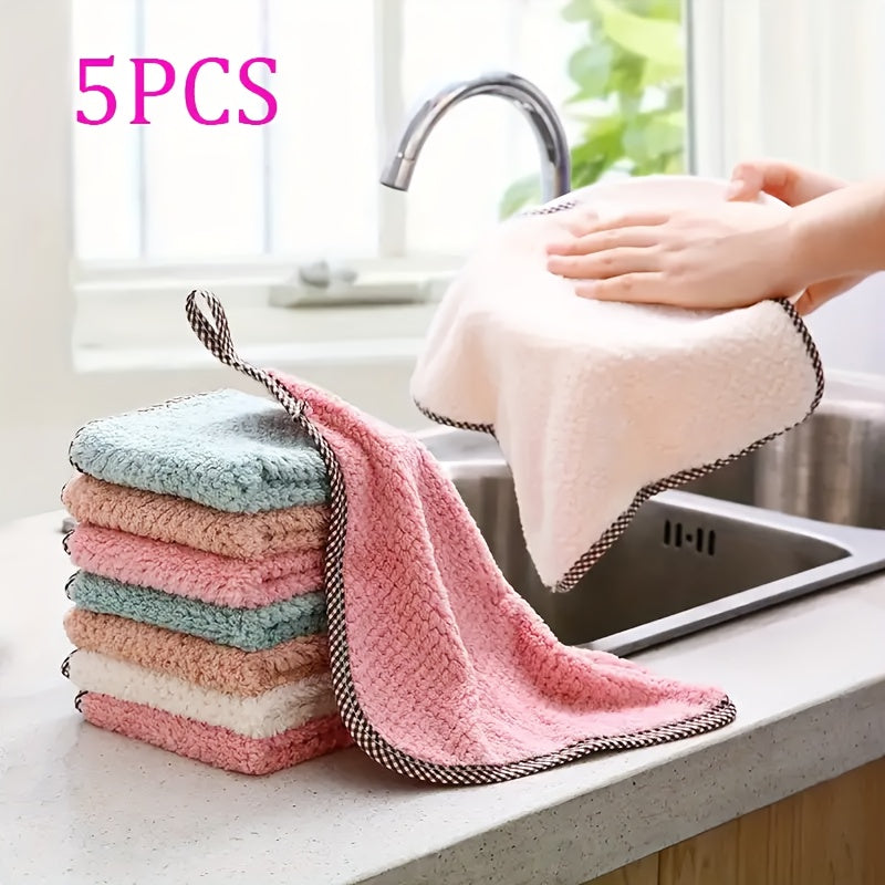 5pcs Ultra-soft Ultra-fiber Dishwashing Cloth, Ultra-absorbent Towel, Kitchen, Bathroom, Car And Window Cleaning Products, Multi-purpose Striped Dishwashing Cloth, Coral Velvet Non-oil And Non-hair Washing Towel, Thick Bamboo Fiber Cleaning Towel