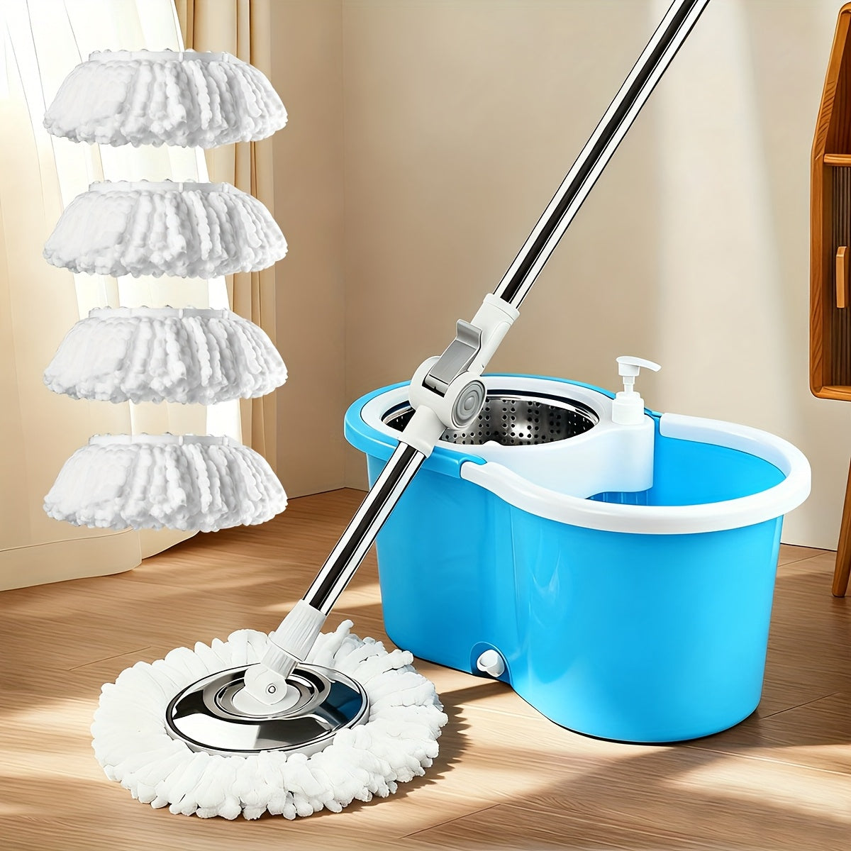 Mop Bucket Set Spin Mop And Bucket With Wringing System | 360° Spin Mop System With 3 Ultra-Fine Fiber Mop Replacement Heads, Suitable For Hardwood Tile Marble Floors, Plastic, Ideal For Living Room, Bedroom, Bathroom, Toilet