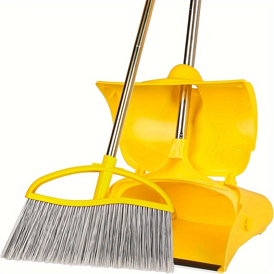 Long Handle Heavy Duty Broom And Dustpan Set, Outdoor And Commercial Upright Dustpan And Brush for Restaurant Garage Garden Yard Office, Yellow